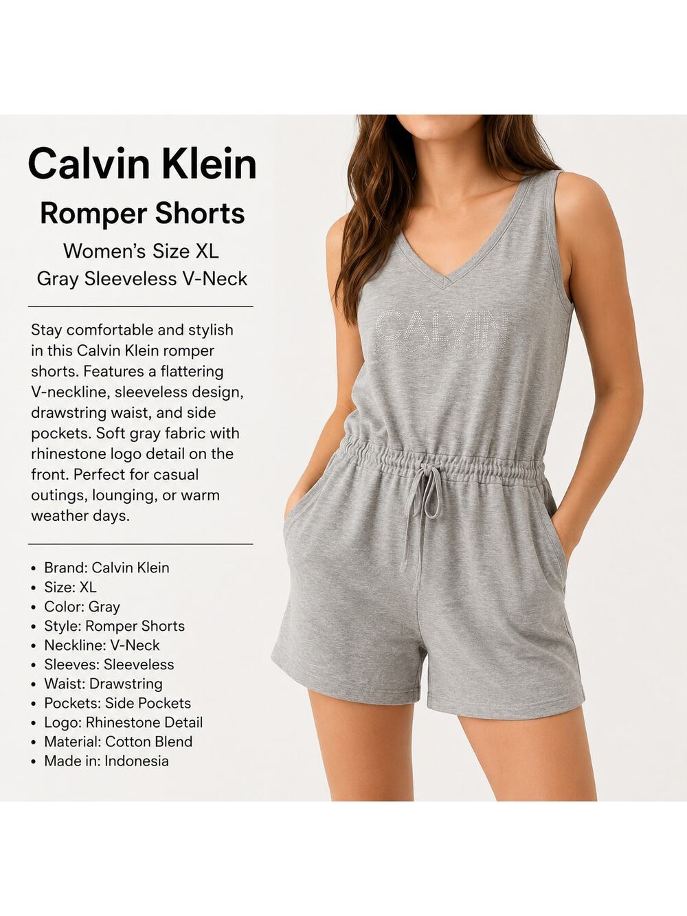 Calvin Klein Women’s XL Gray Romper Shorts Rhinestone Logo Lounge Athleisure